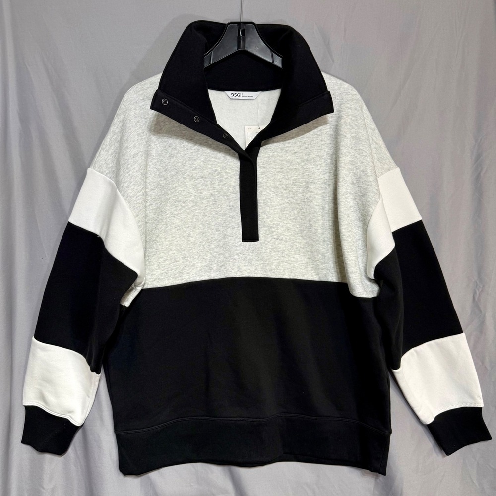 DSG Womens Classic Cotton Snap Neck Fleece Sweatshirt Grey Black Medium NWT